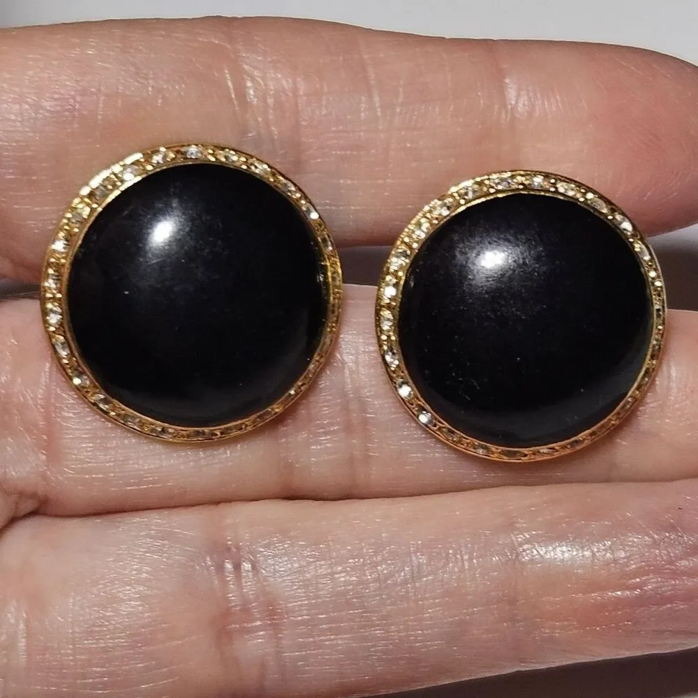 Vtg Gold Tone Cufflinks Black Carbochon Circle Stone Clear Rhinestone Accents